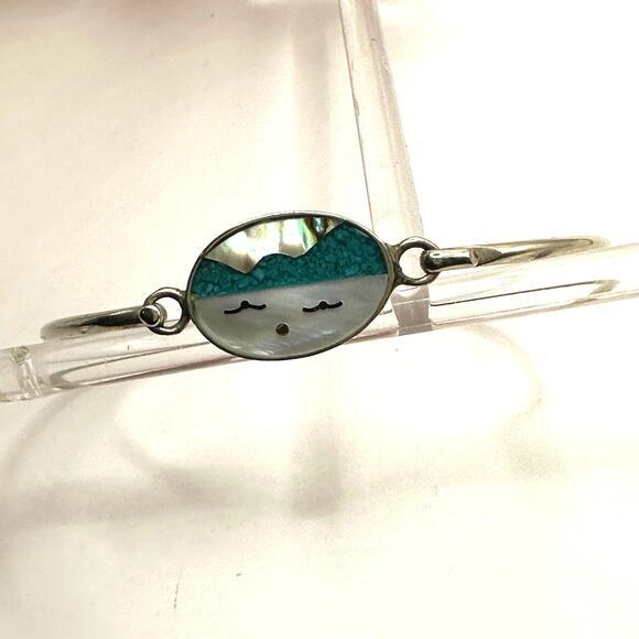 Alpaca Bracelet hooked Silver tone Beach Cloud Face Vintage Mother of Pearl - Picture 10 of 11